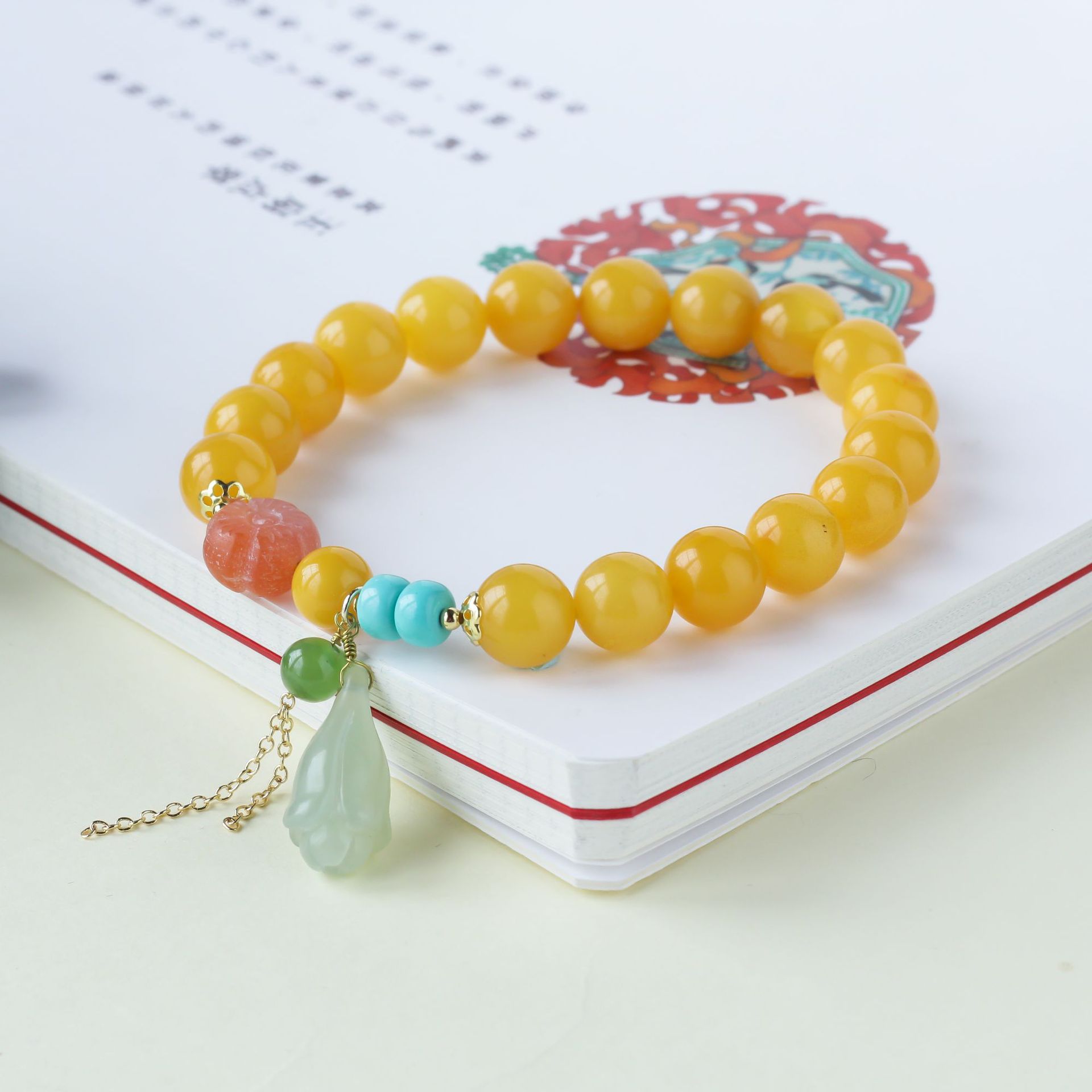 天然满蜜鸡油黄老蜜蜡手链原创diy南红和田玉兰花琥珀女士手链