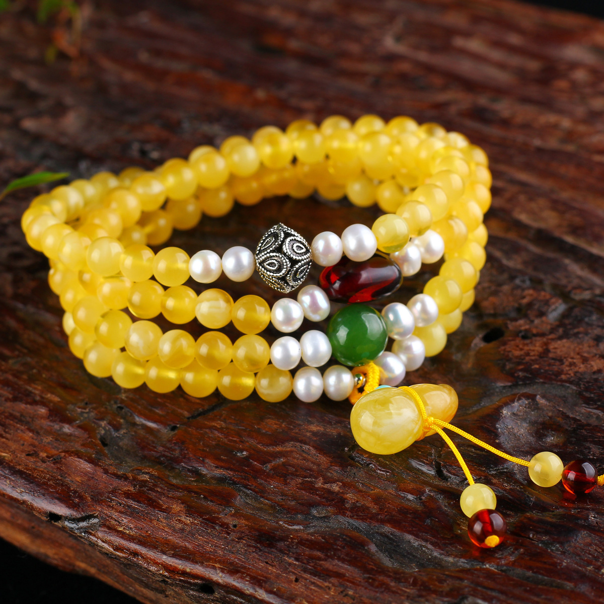 天然原矿俄料鸡油黄蜜蜡佛珠手串原创diy琥珀多圈女士手链