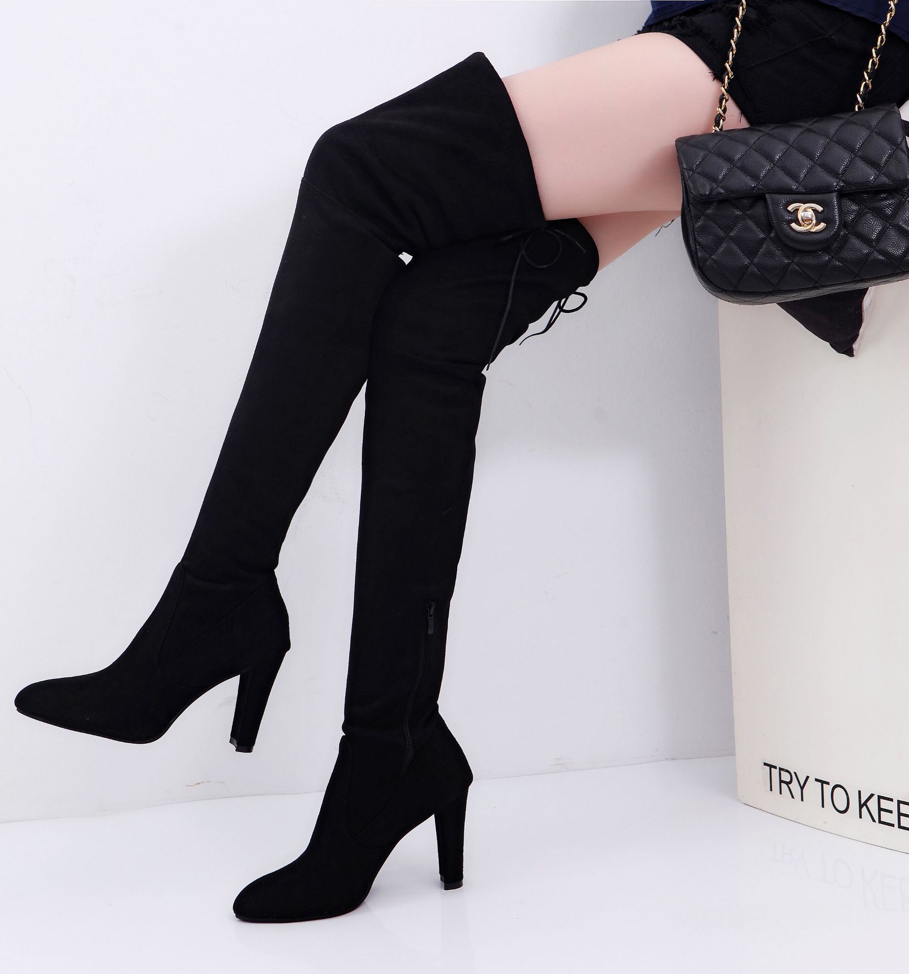 欧美热销靴子 大码过膝长靴弹力靴高跟尖头绒面系带女鞋现货