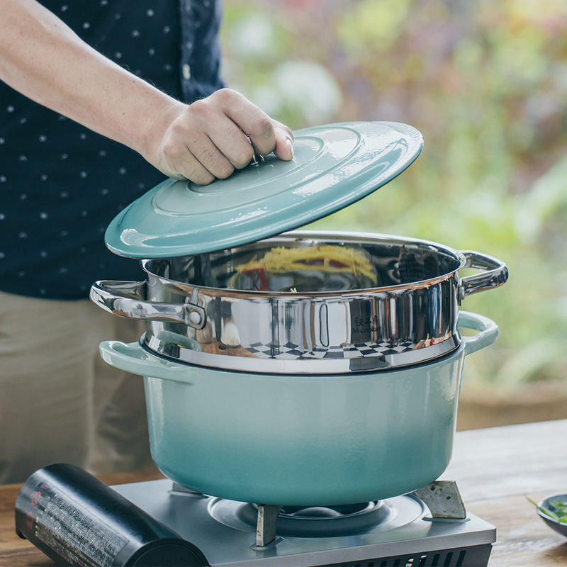 铁工房蒸锅24笼屉铸铁珐琅不粘炖锅家用汤锅304不锈钢蒸笼搪瓷锅