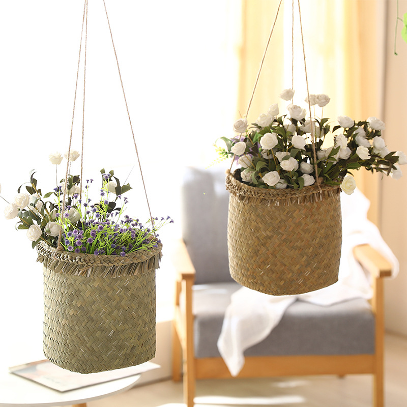 家居客厅花盆干花篮手工编织收纳篮竹藤编织阳台花卉篮可定做