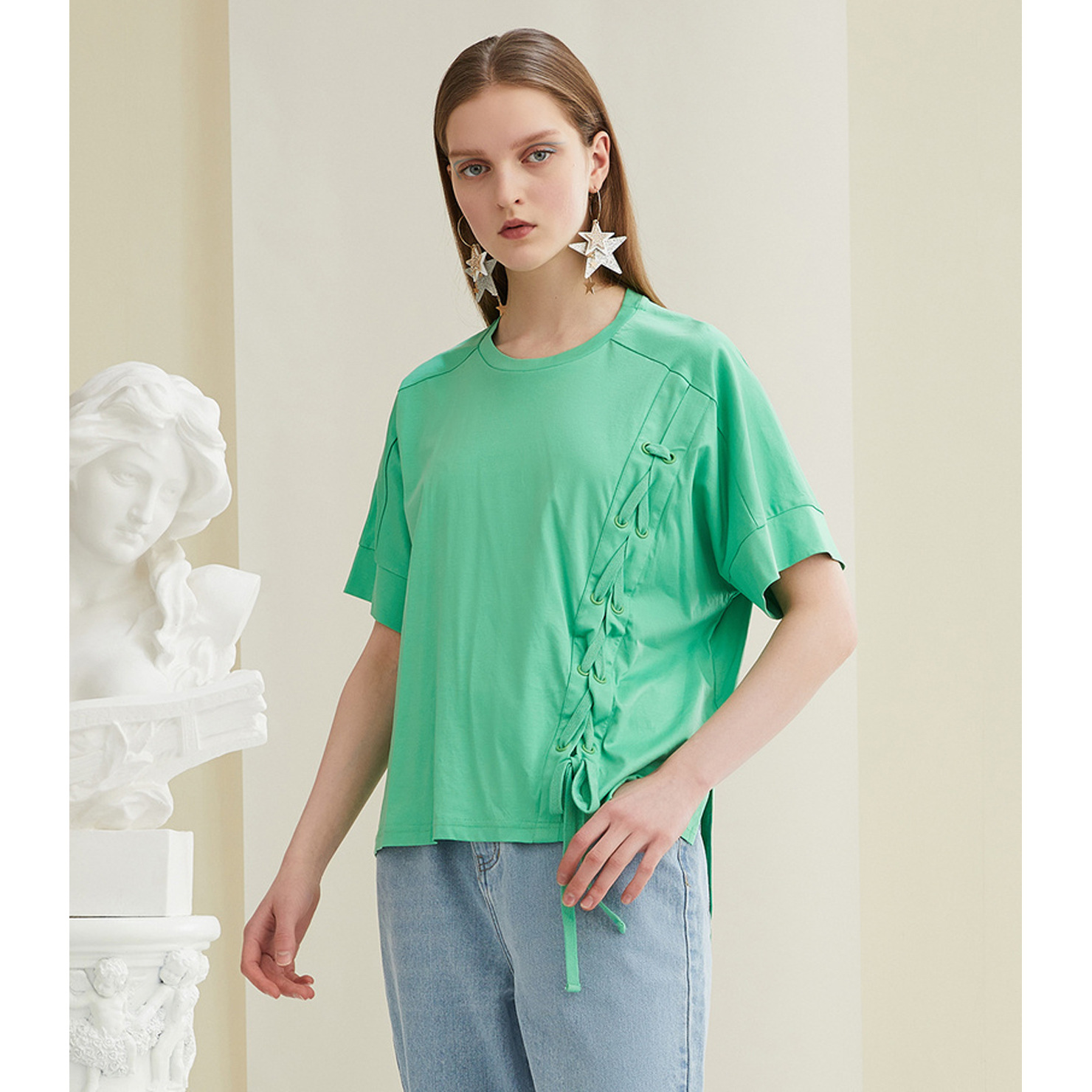 菀草壹wcy2021夏装新款文艺复古时尚圆领简约前短后长短袖t恤女