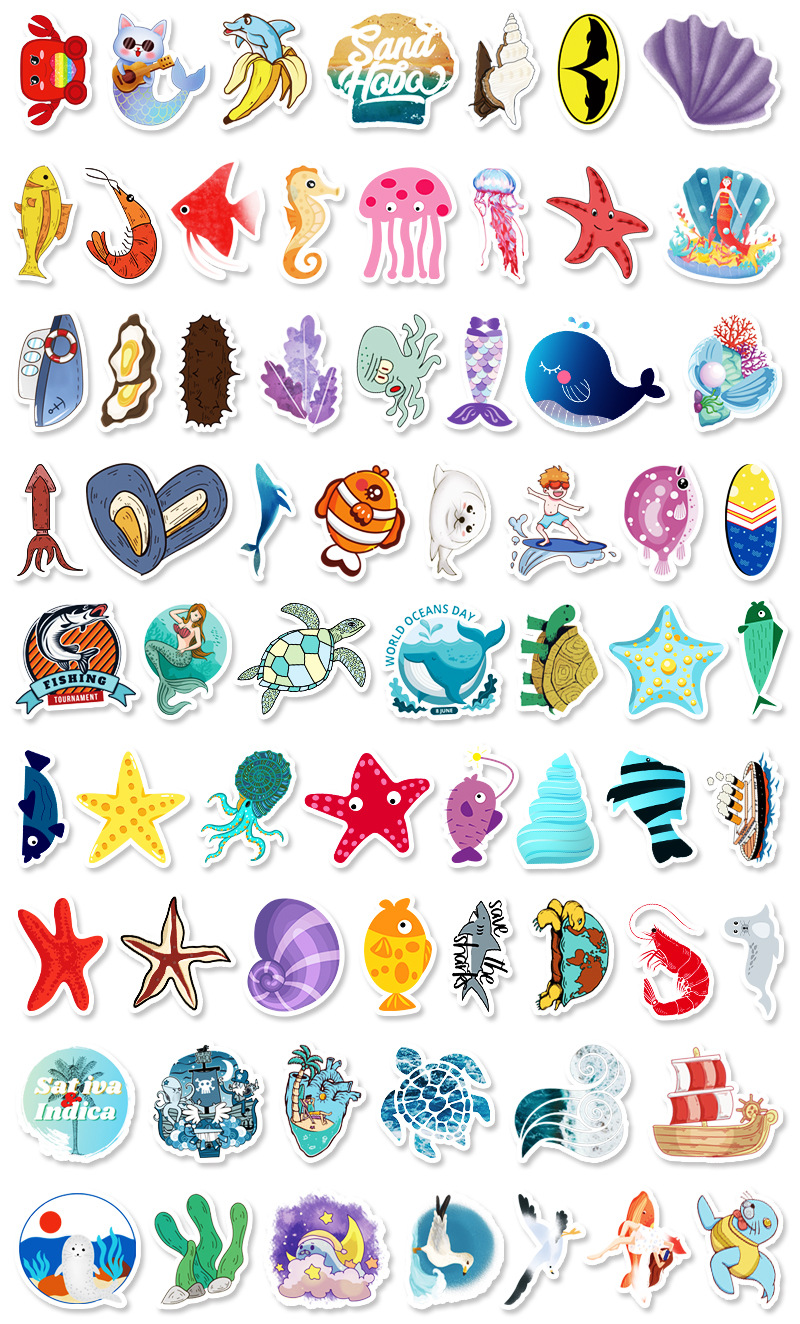 100张海洋生物卡通涂鸦贴纸平板电脑滑板车机车汽车防水装饰贴纸