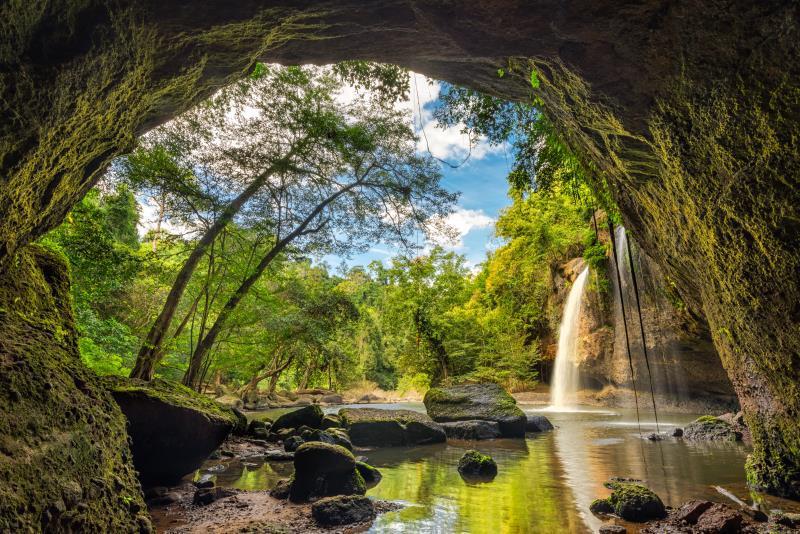 3d立体延伸空间背景墙纸大自然风景山洞海景壁纸餐厅酒吧酒店墙布