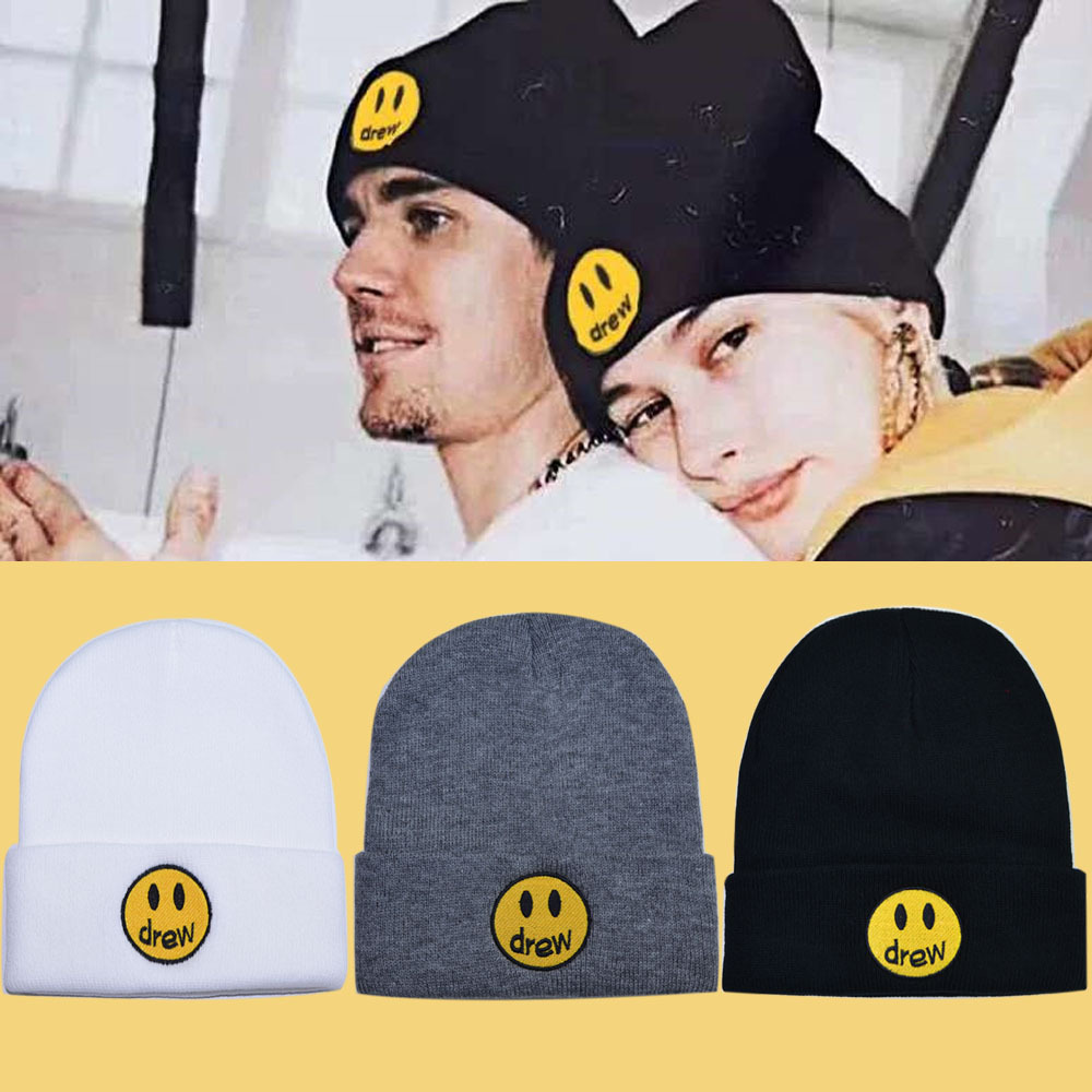 跨境新款drew针织帽子秋冬季刺绣笑脸毛线帽户外骑行保暖包头冷帽
