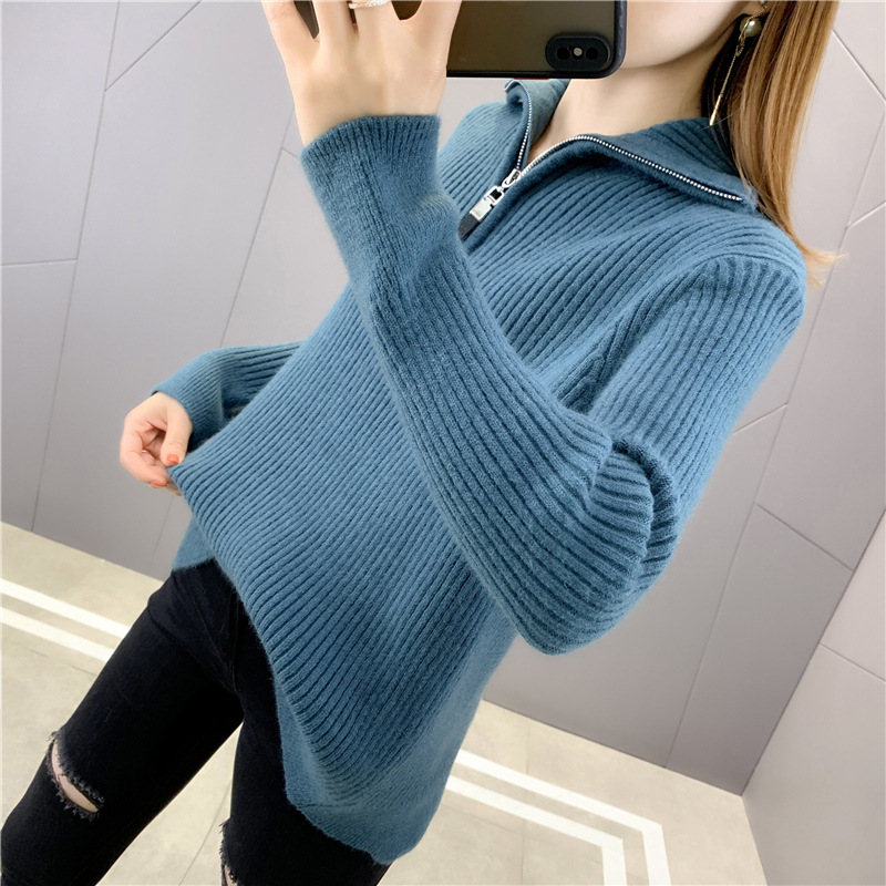 秋冬加厚韩版复古拉链半开大翻领毛衣女洋气套头针织衫宽松外套潮