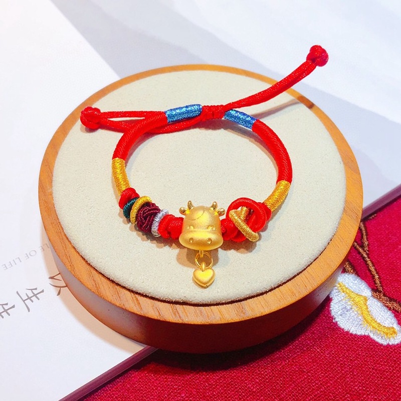 3d硬金足金999牛气冲天手绳本命年生肖牛红绳手链女亲子款手饰