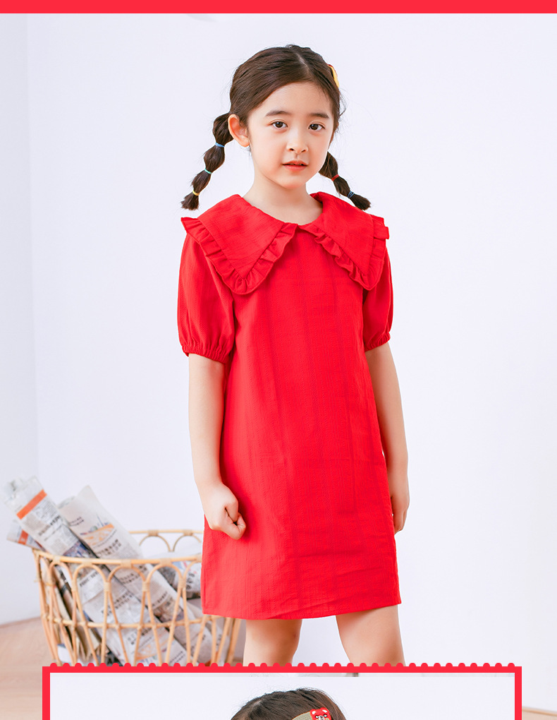 新品童装韩版夏季女童大翻领连衣裙短袖中大童红色裙子代发a529