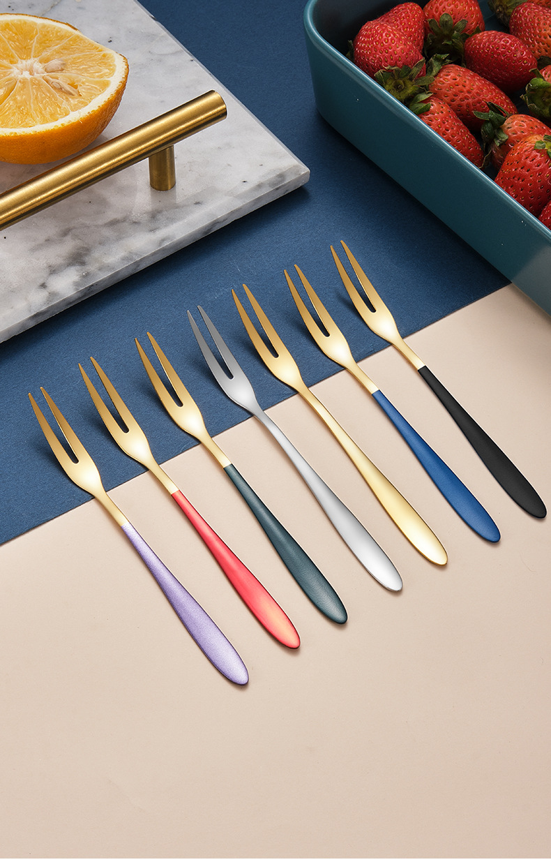 304不锈钢水果叉创意韩式二齿烤漆磨砂甜品网红水果叉可定logo