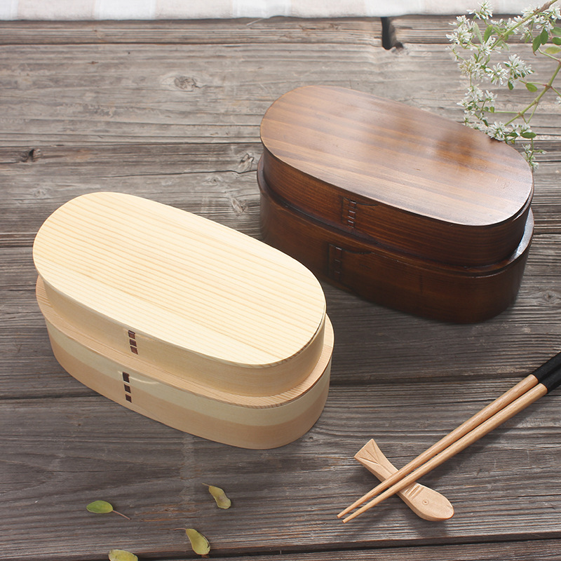 日式木质双层便当盒 实木饭盒寿司盒 学生便携分格午餐盒可定制