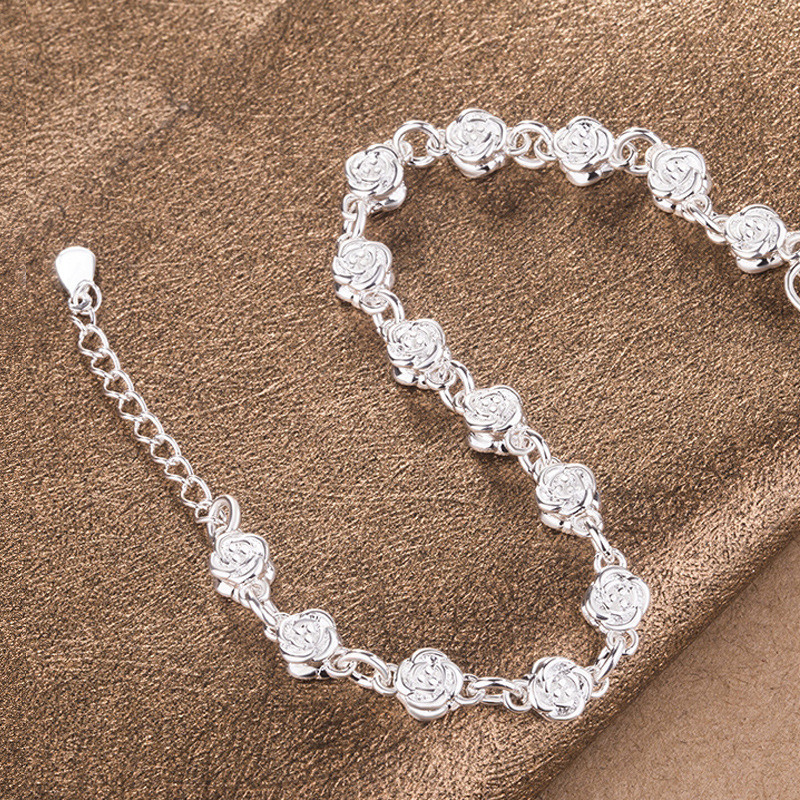时尚简约花朵手链 双面玫瑰花银手链女 梅花镀银手饰品配饰批发