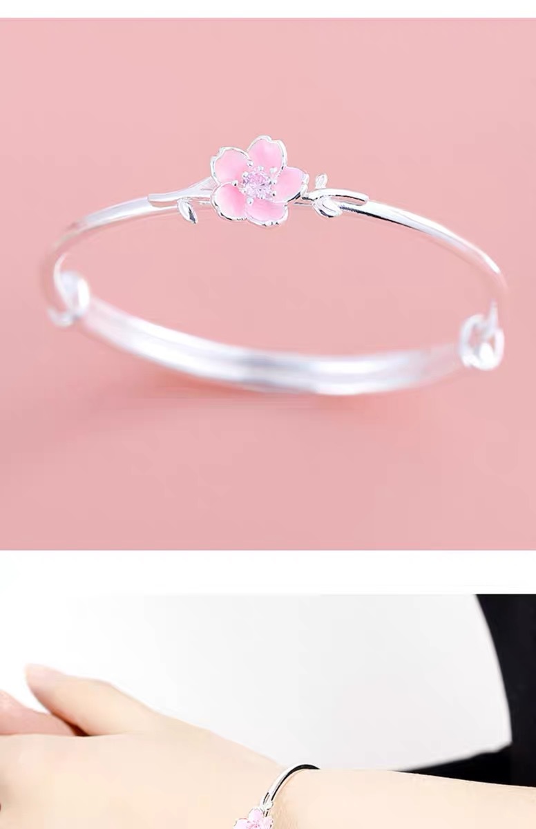 999足银手镯女手环银饰品生日情人节礼物少女心粉色樱花手镯