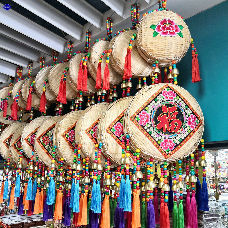 云南特色手工竹编圆形福字墙面挂饰年年有余农家乐土菜馆饭店装饰
