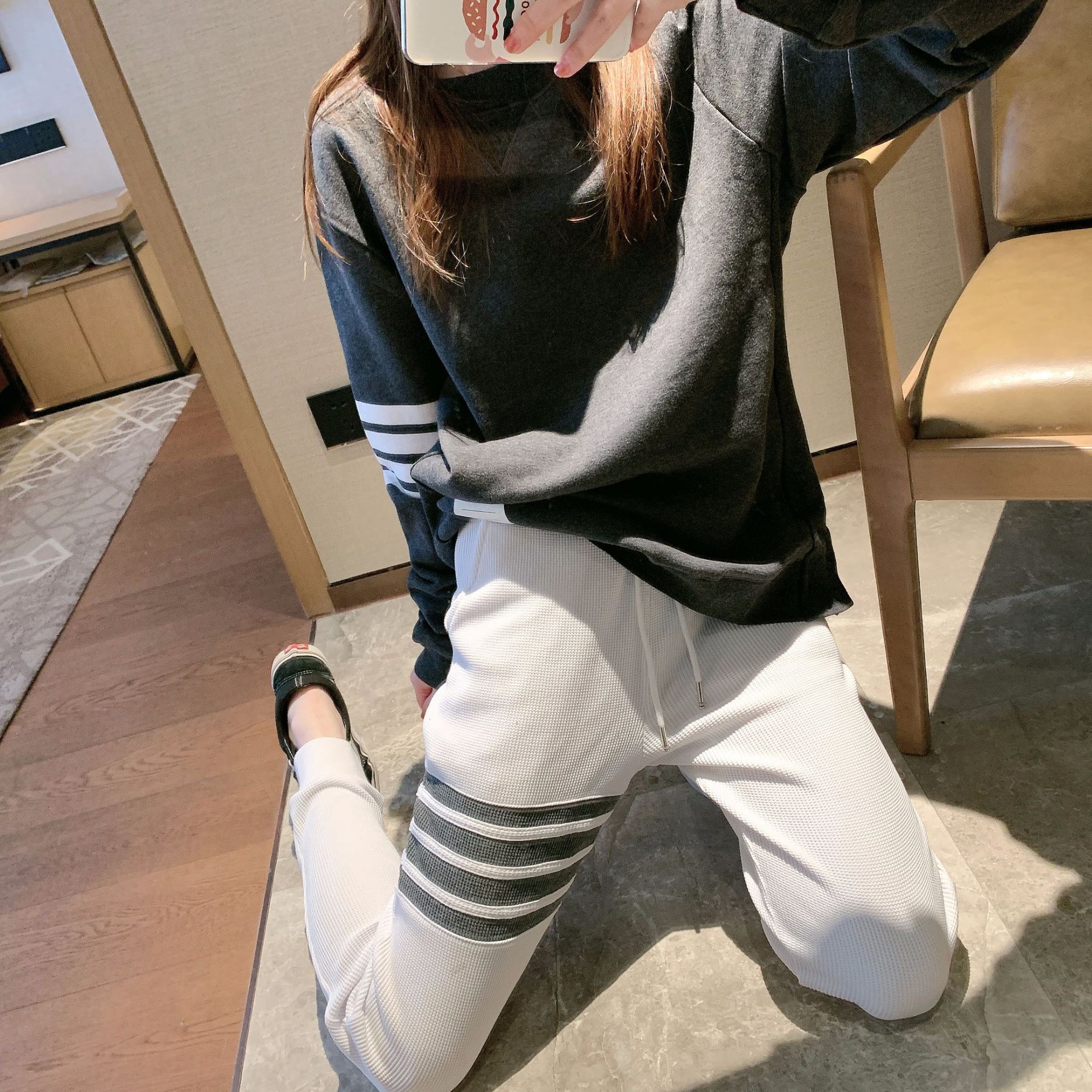 正确版华夫格tb 色织棉质束脚卫裤休闲运动长裤男女情侣装潮牌裤