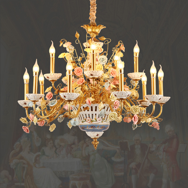 法式田园吊灯卧室灯大气古典欧式别墅复式楼客厅个性全铜陶瓷灯具