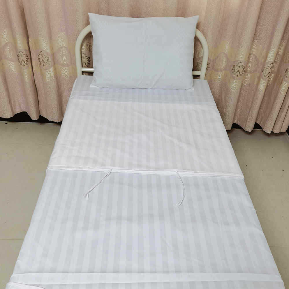 医院病床床上用品棉三件套医护病床蓝绿白条纹涤棉床单被套枕套