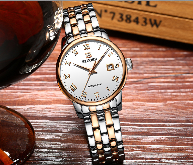 宾格binger手表全自动机械表时尚日历情侣对表精钢赛丽女士表5005