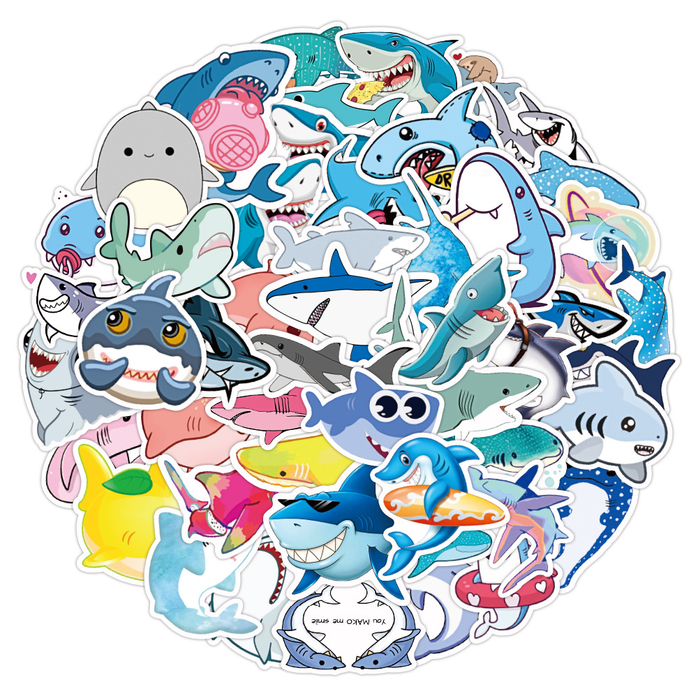 50张鲨鱼卡通涂鸦贴纸汽车头盔冰箱摩托车手机行李箱吉他贴纸