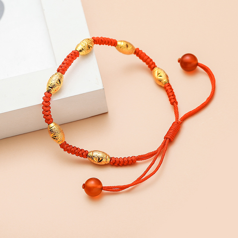 铜镀金转运珠手链 六颗转运珠红绳手工编织绳手串直播爆款小商品