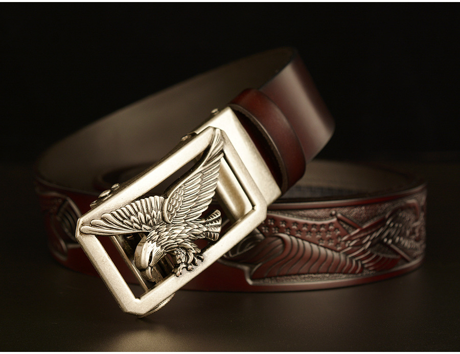 鹰自动扣男士腰带真牛皮个性雄鹰雕花带身理发师休闲牛仔裤带皮带