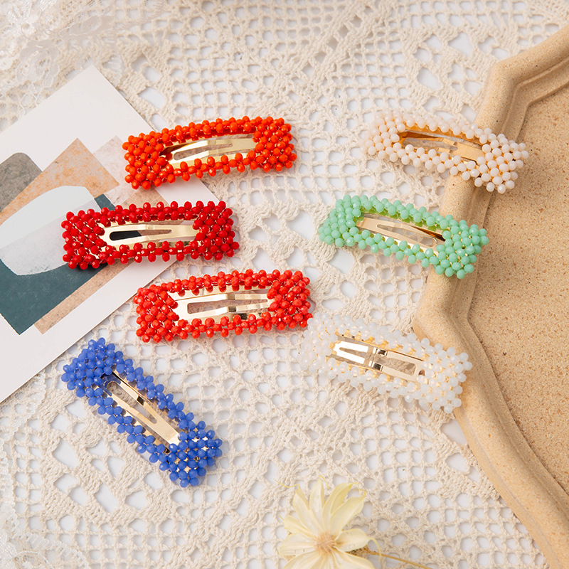 日韩网红风编织发夹糖果色水晶bb夹网红发卡水滴方块边夹发饰直播