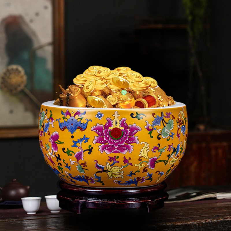 陶瓷工艺品店铺开业礼品聚宝盆招财摆件黄色风水店铺开业礼品家居客厅