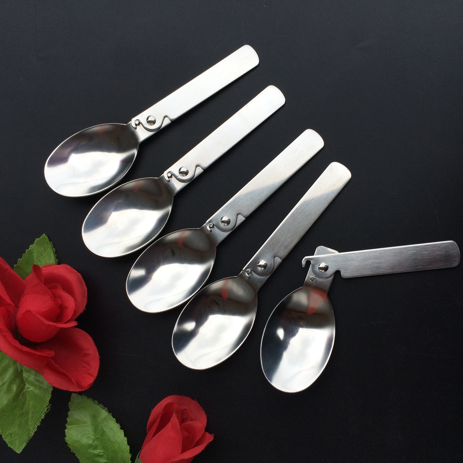 创意不锈钢304八宝粥勺子 香菇酱折叠勺餐具野外便携汤勺出口