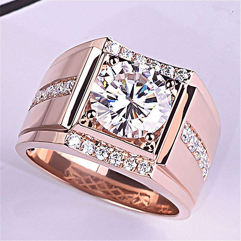 高碳钻锆英石男士钻戒 仿莫桑石戒指男18k玫瑰金彩金黄金宽厚版戒