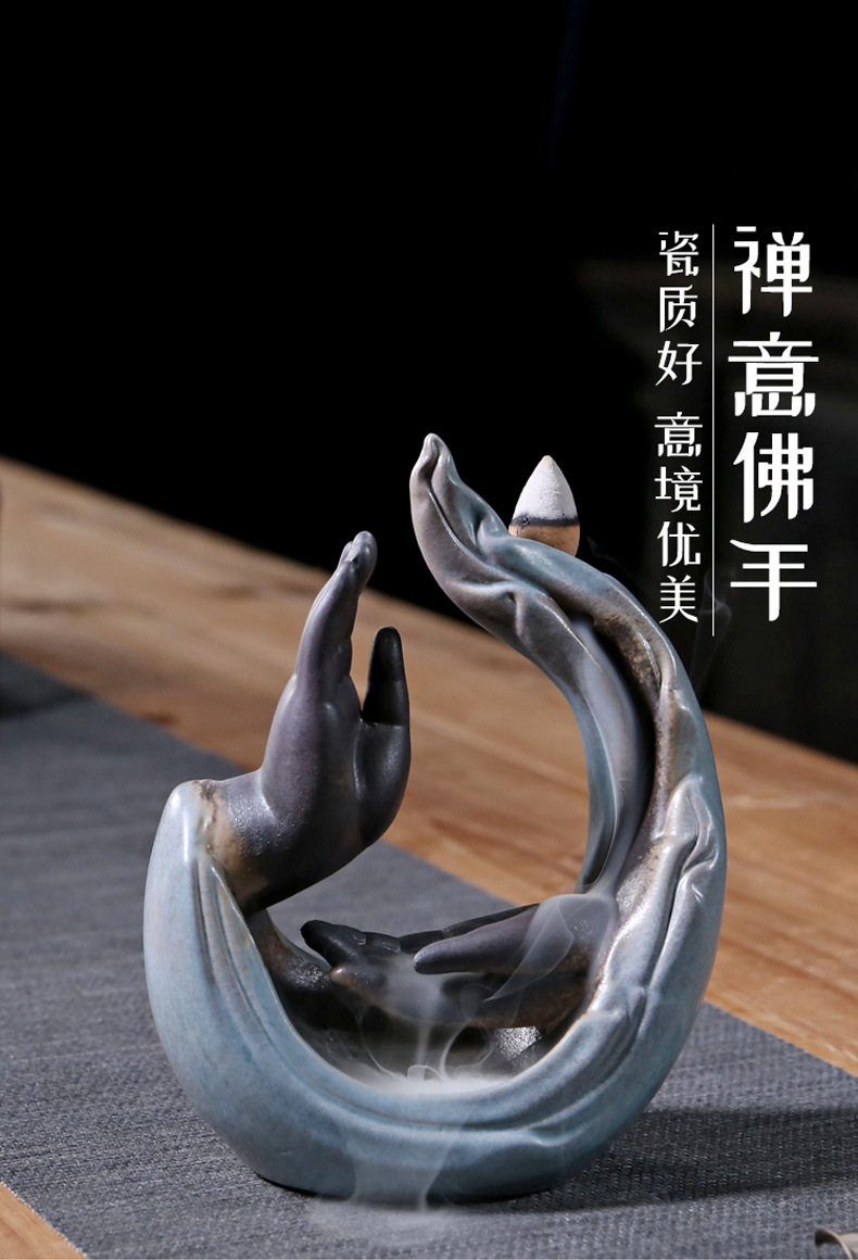 跨境 禅意佛手倒流香炉 陶瓷香座香薰炉香道佛具摆件下沉香炉