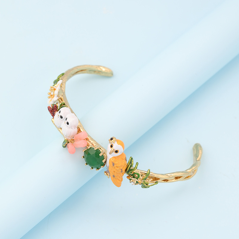 法式新款手绘珐琅釉猫头鹰动物手镯女 绿钻镀金开口手镯手环批发