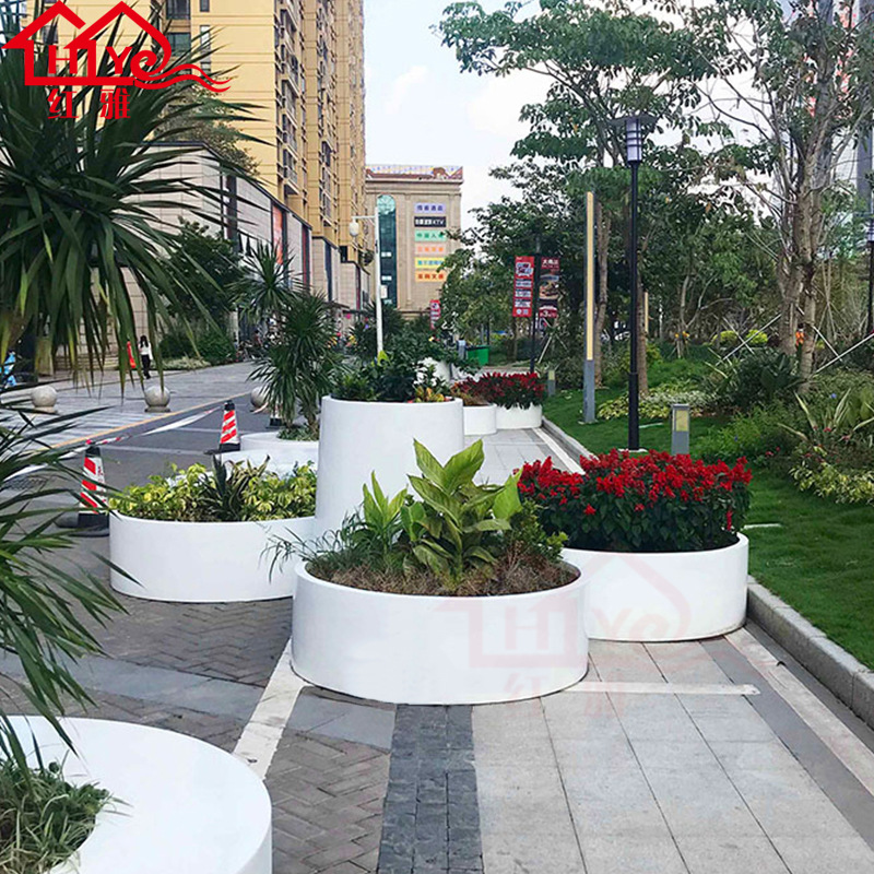 简约玻璃钢白色花池坐凳组合商场售楼部树池户外市政街道景观花盆