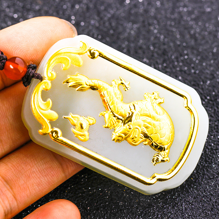 批发龙凤呈祥和田玉真金镶玉龙凤对牌吊坠 男女项链情侣足金饰品