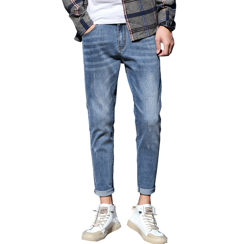 foreign trade men's pants jeans men's spring and autumn new slim fit skinny pants young men mid-waist elastic denim (ankle-length pants)