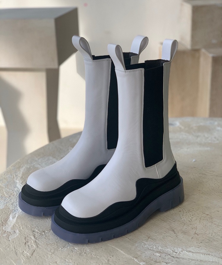 欧美外贸bv绿底鞋短靴子2020新款英伦风真皮厚底中筒烟筒马丁靴女