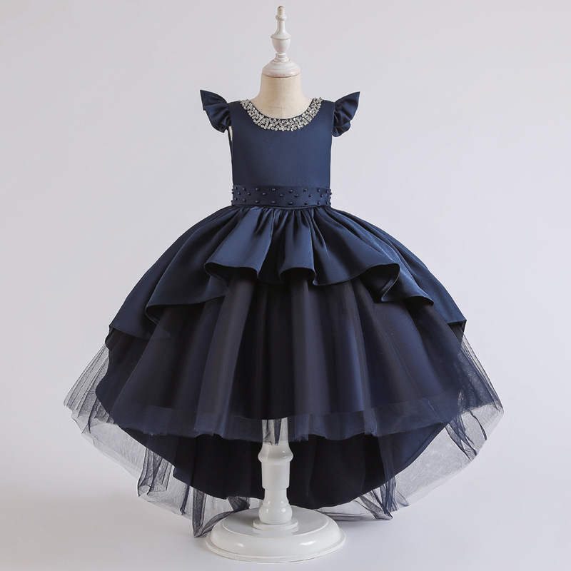 儿童礼服花童婚纱公主裙拖尾亮片蓬蓬裙蝙蝠袖女童晚礼服表演裙子