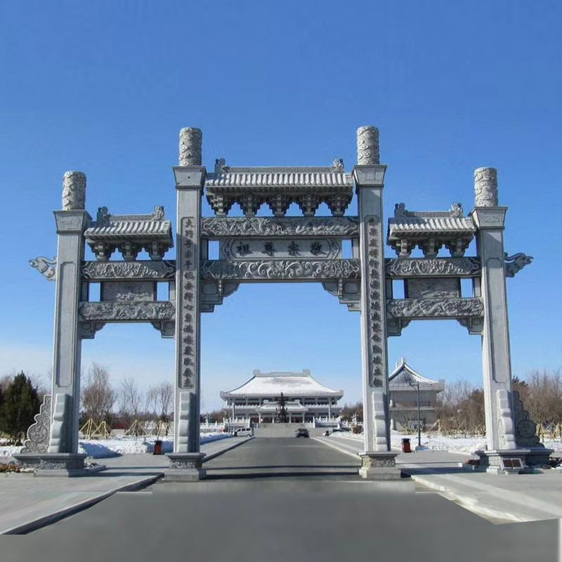 厂家设计的新款石牌坊简洁大气石雕牌坊 简易三门三楼石牌坊