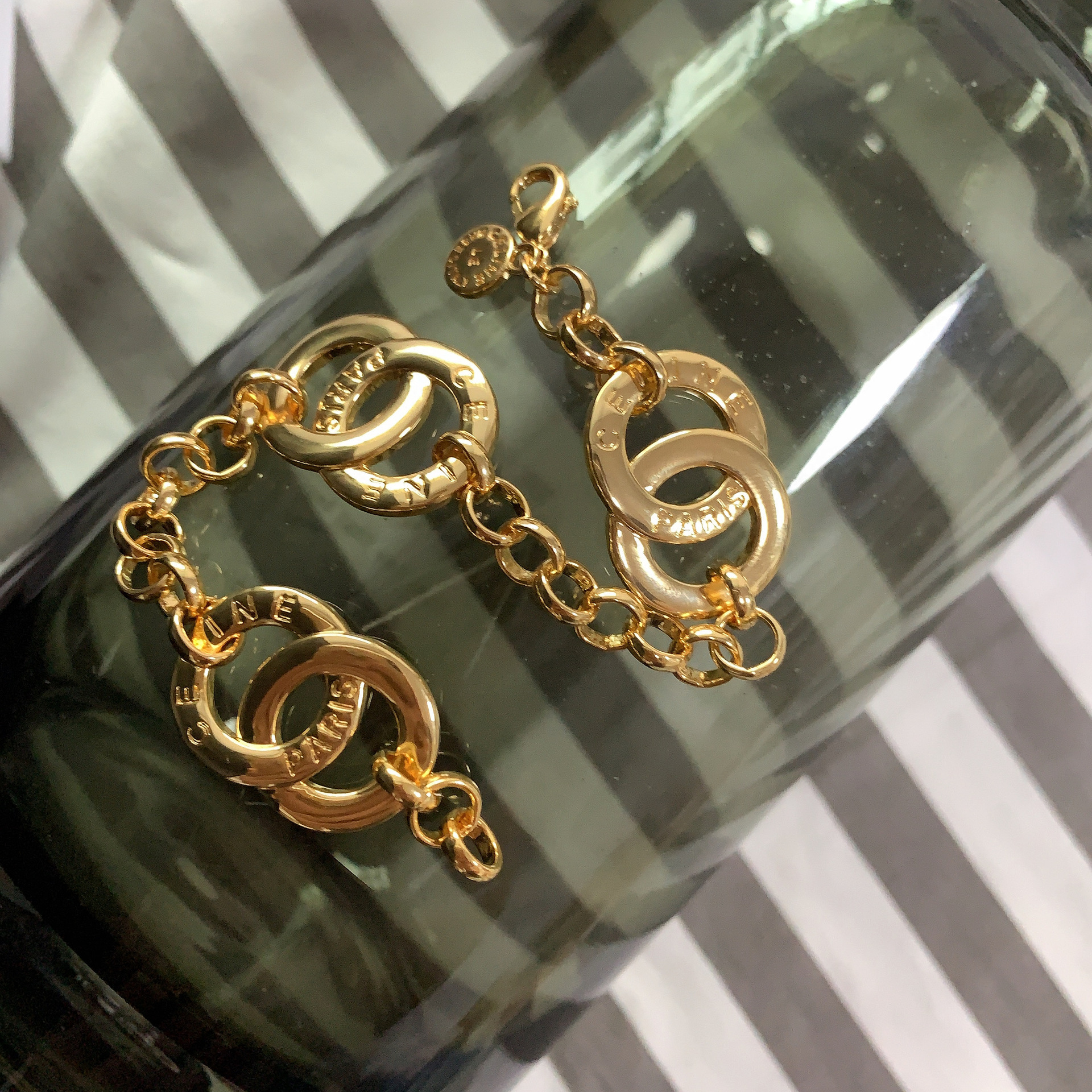 ins网红法式celi风凯旋门圈圈粗链条手链金色欧美复古vintage时髦