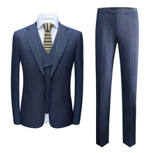 2022春季新款男西装套装蓝灰暗纹韩版西装商务男装西服三件套suit