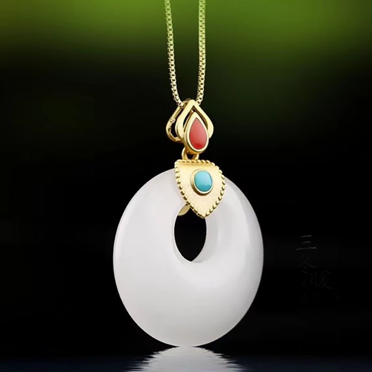 新疆白玉金丝玉平安扣吊坠公主扣项链s925古法金镶玉偏心扣锁骨链