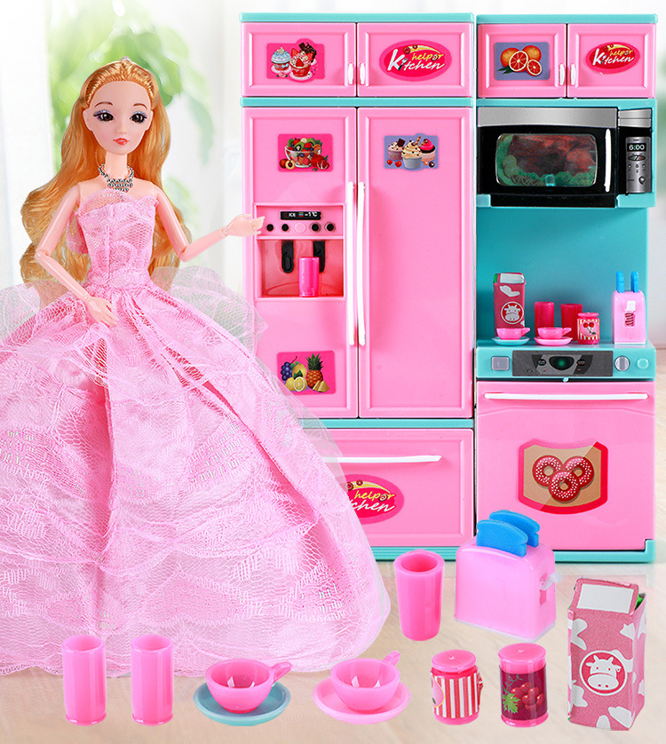 明润芭比洋娃娃套装儿童过家家声光厨房女孩生日礼物玩具大礼盒装