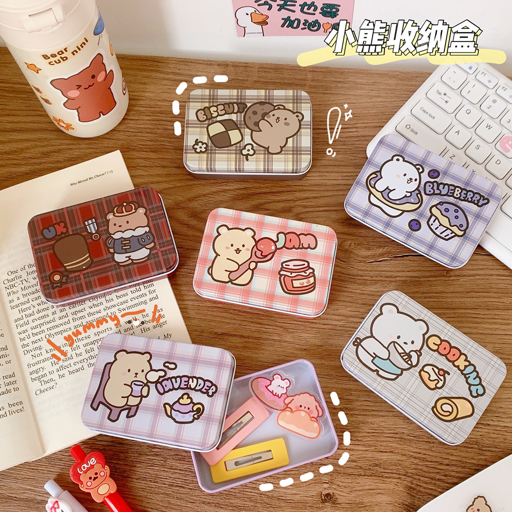 Korean Internet Celebrity Same Style Cute Bear Storage Box Girl Hand Ledger Sticker Box Storage Box Tinplate Box New Storage