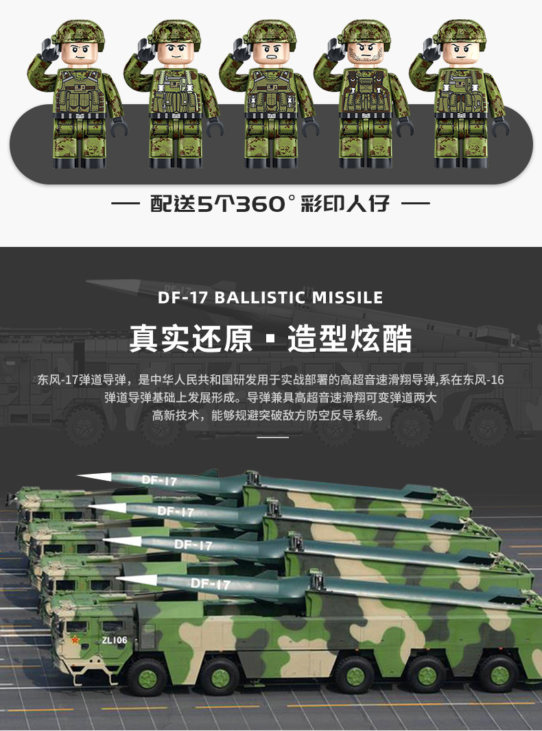 潘洛斯639007东风17高超音速导弹车639004红旗-9防空导弹拼装积木