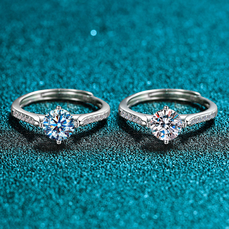 s925纯银莫桑钻四爪戒指女网红直播款花边钻戒潮流时尚开口戒环