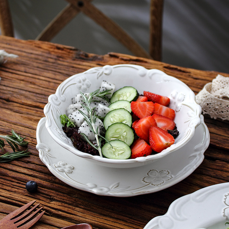 Vintage Ceramic Tableware Western Cuisine Plate Dish Fruit Salad Bowl Relief Kiln Baked Tableware