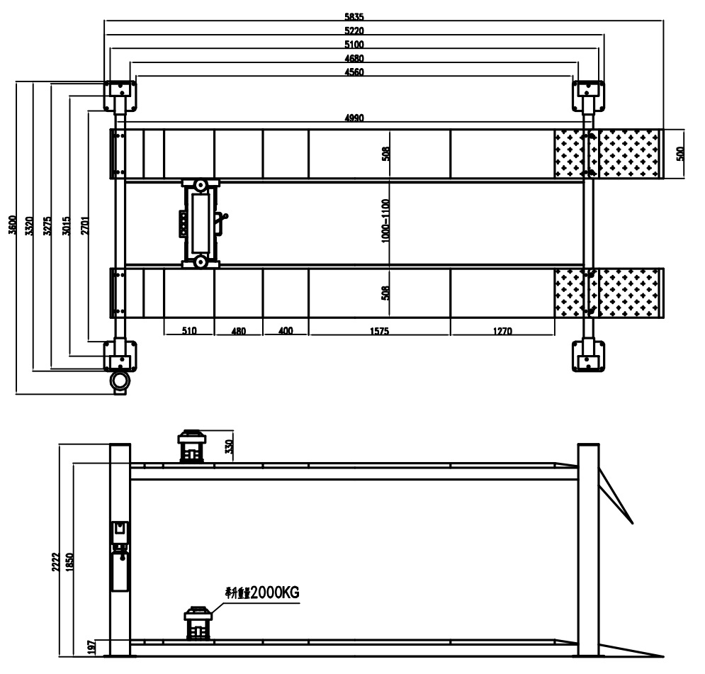 5t四柱举升机(气动解锁带二次举升小车以及侧滑板定位仪用)