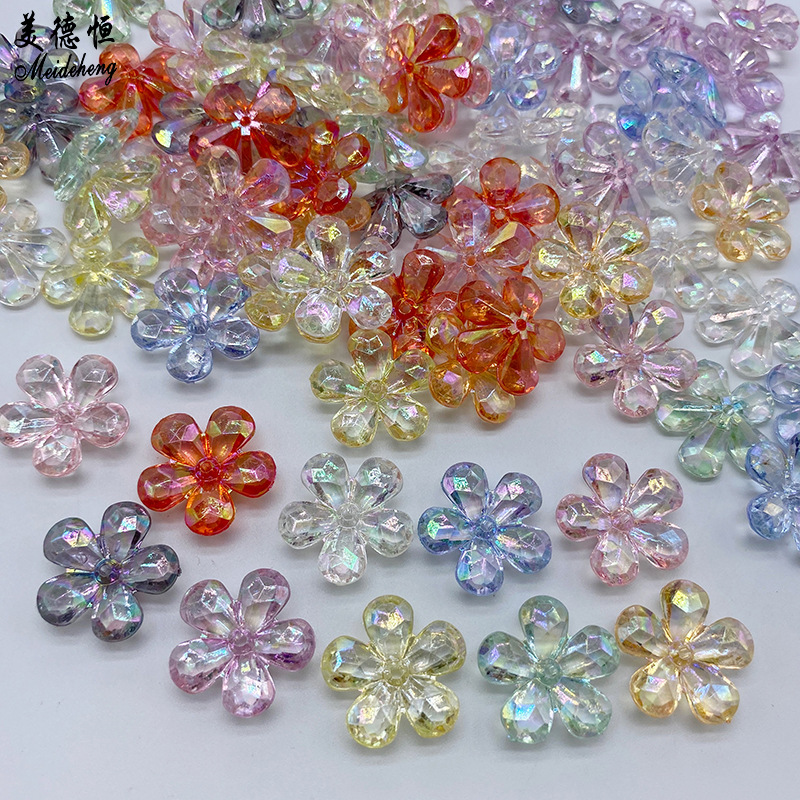 Factory Direct Sales Acrylic 22mm through Hole Crystal Transparent Colorful Five Petal Flower Diy Hair Accessories Hair Rope Hairpin All-Match