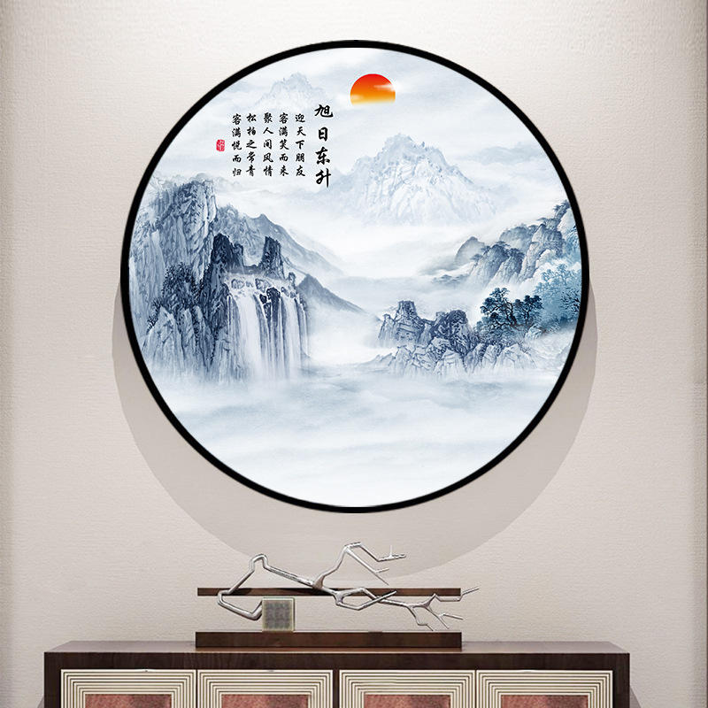 新中式圆形装饰画水墨山水画走廊过道背景墙壁画客厅玄关餐厅挂画