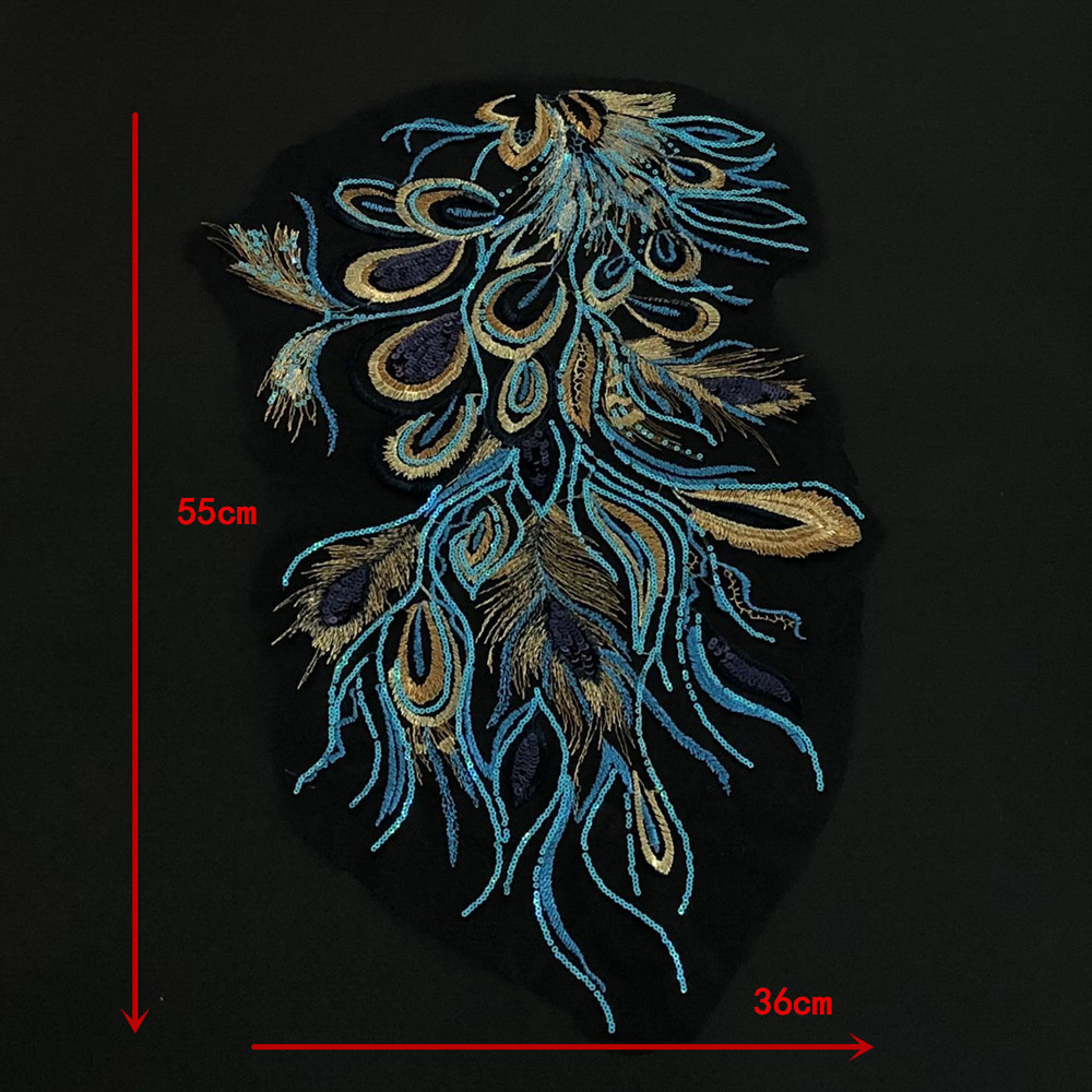 现货宝蓝亮片刺绣凤凰尾布贴网纱绣花补丁贴衣服旗袍装饰辅料diy