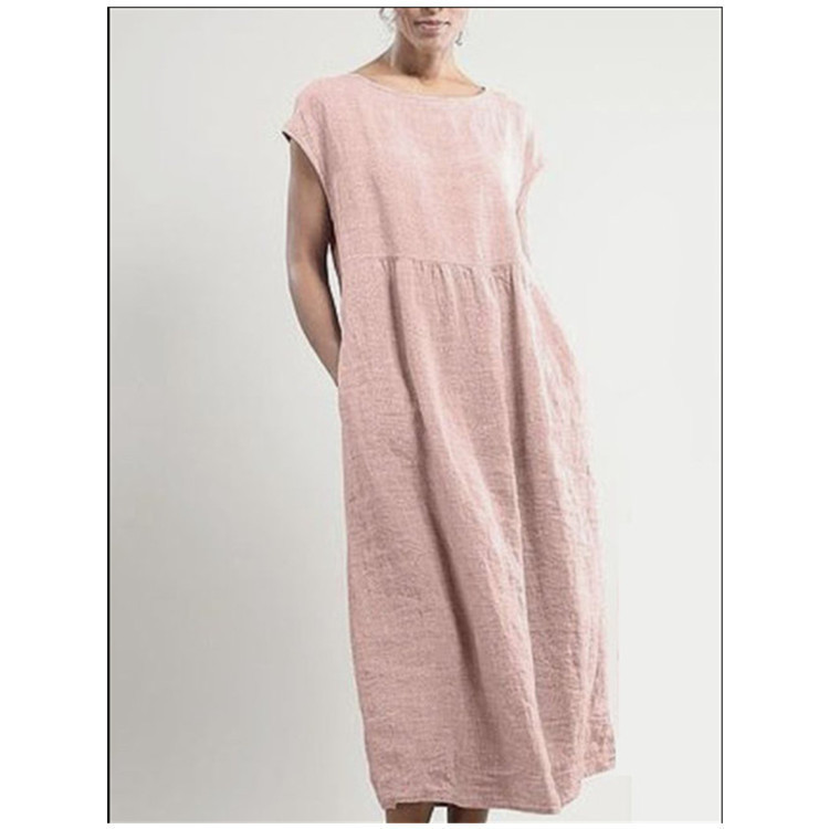 2023 New European and American Amazon Solid Color Sleeveless Loose Cotton Linen Pocket Dress Cross-Border in Stock