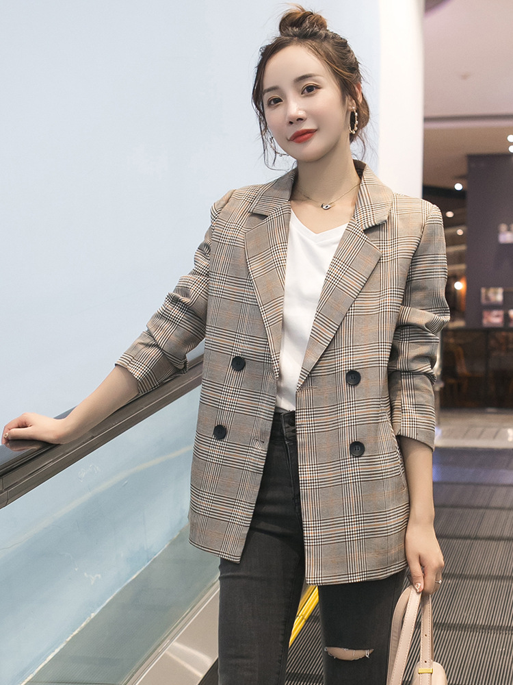 格子西装外套女2020春秋韩版格纹网红西服复古chic小西装上衣